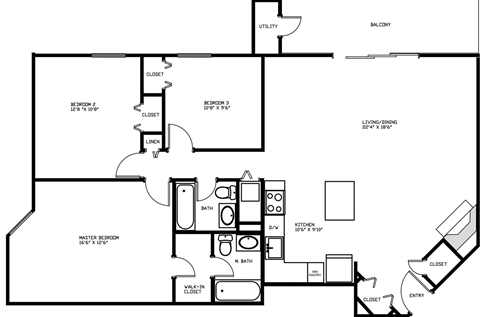 Floor plan for 3 beds, 2 baths, 1196 sqft